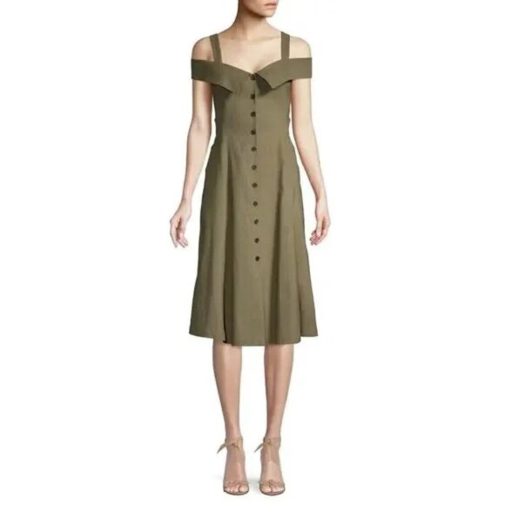 A.L.C. Hudson‎ Cold-Shoulder Button Down Flare Dress Size 0 Olive Green Linen